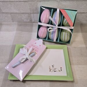 Easter Decorative Pastel Stripe Egg Set Rabbit Plate & Bunny Tail Note Gift Set